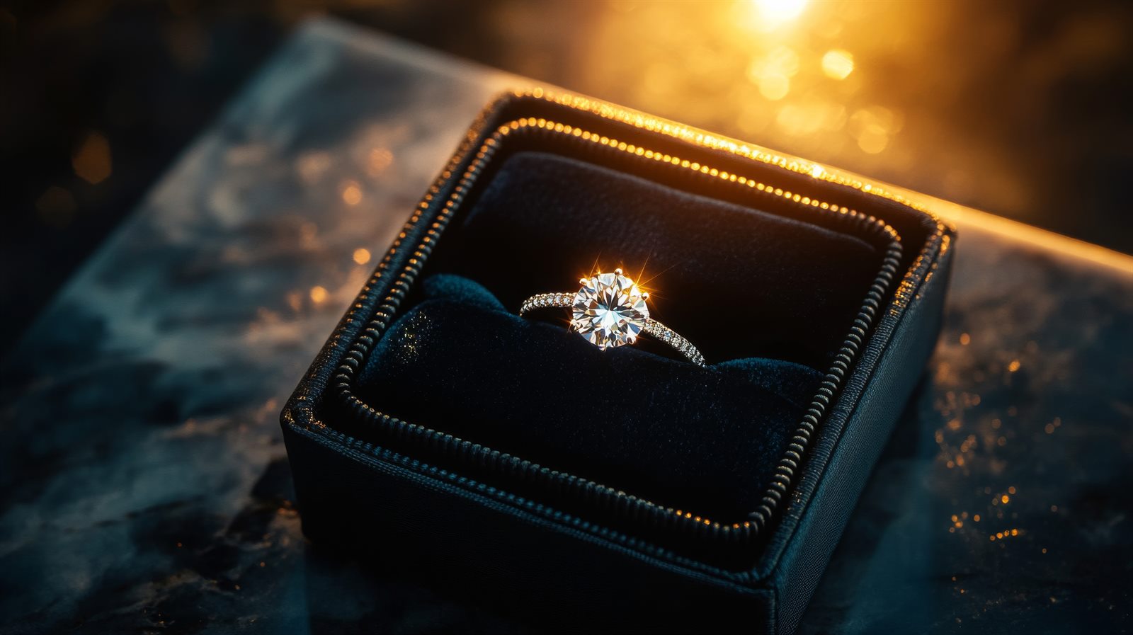 Diamond engagement ring presented in a jewelry box